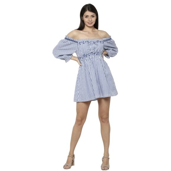 American Eagle Mini Dress Blue Striped Puff Sleeve Off Shoulder Smocked Medium - Picture 1 of 16